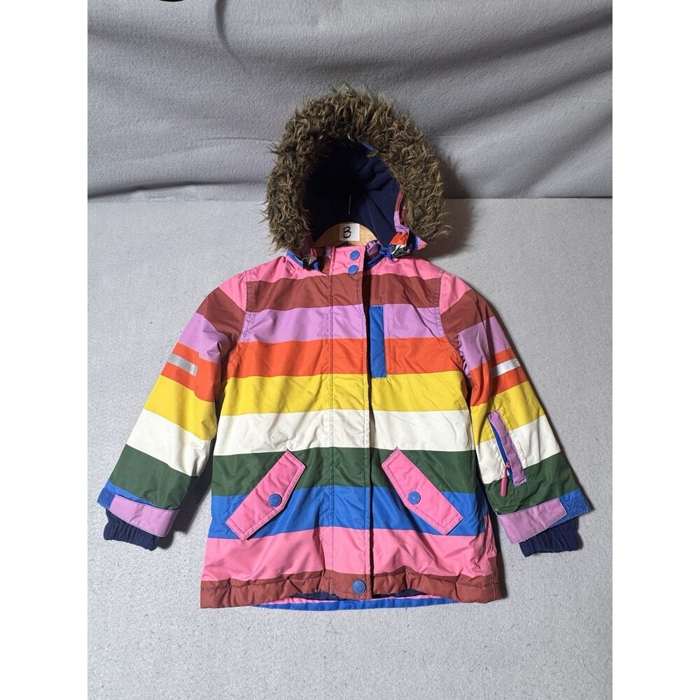 Mini Boden Girls Rainbow Stripe Winter Coat Jacket Size 5-6 Fleece Lined Hooded